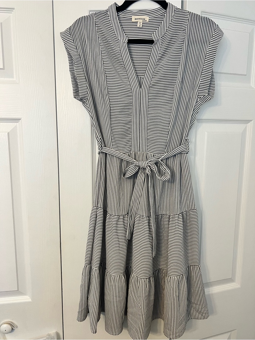 Monteau blue and White Striped Tie-Waist Midi Dress- Medium